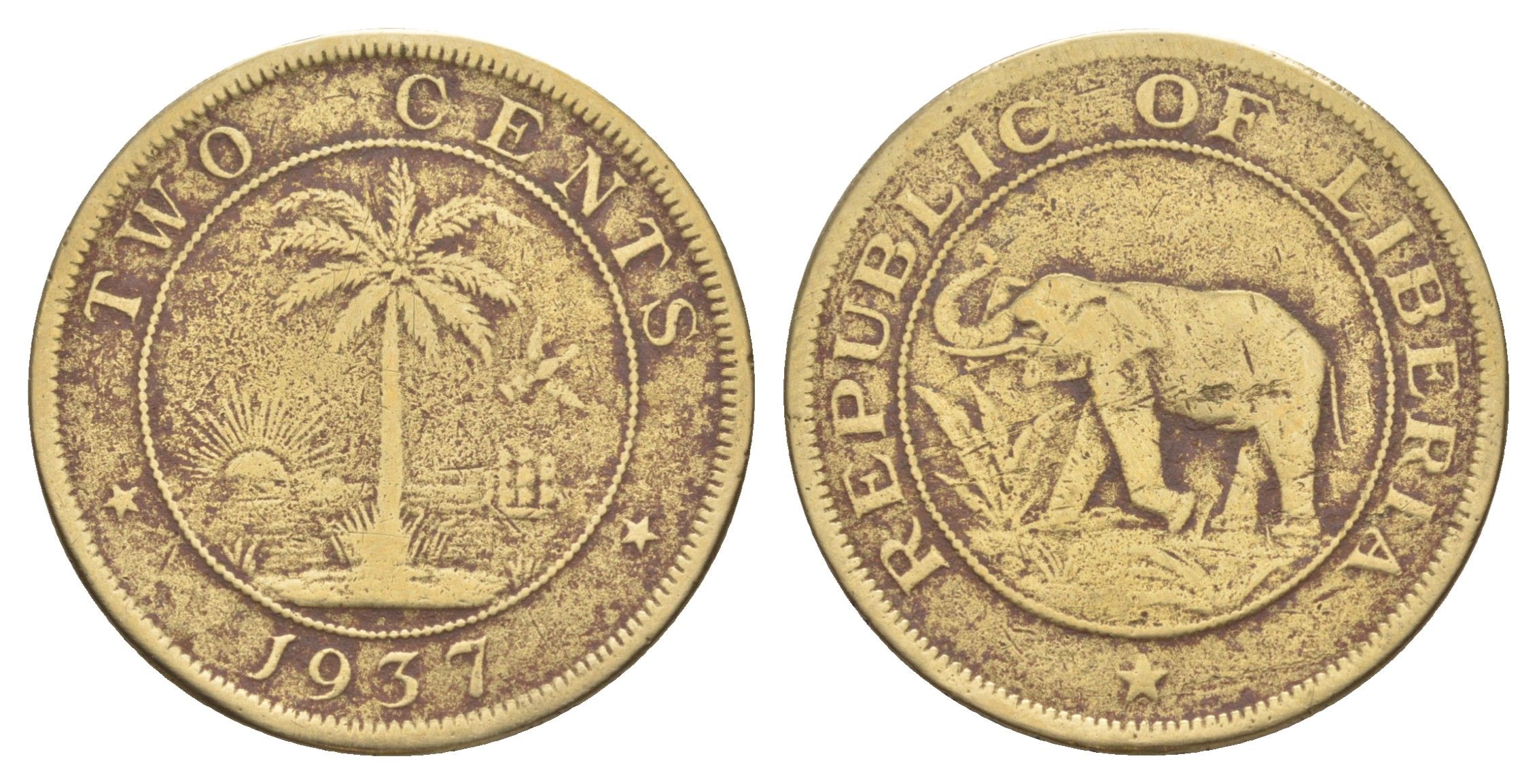 Либерия 2 цента 1937 KM 12 латунь 4637-243