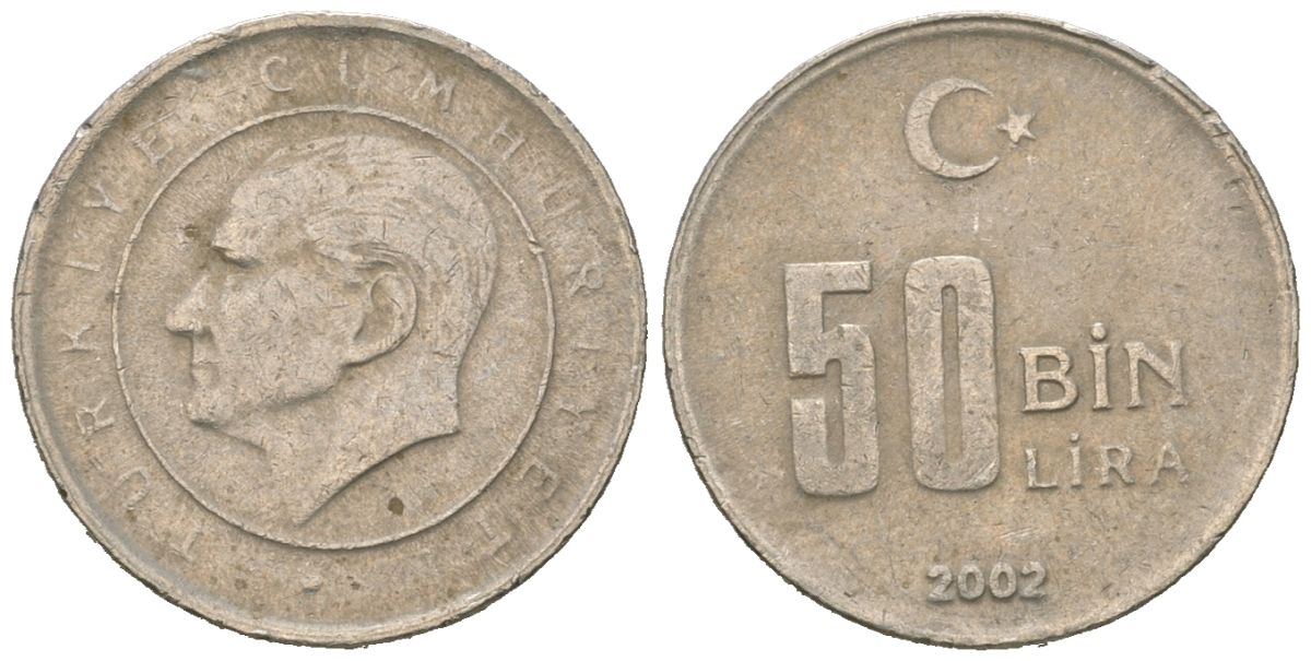 Турция 50000 лир 2002 Мустафа Кемаль Ататюрк KM 1105 медь цинк никель 4618-431