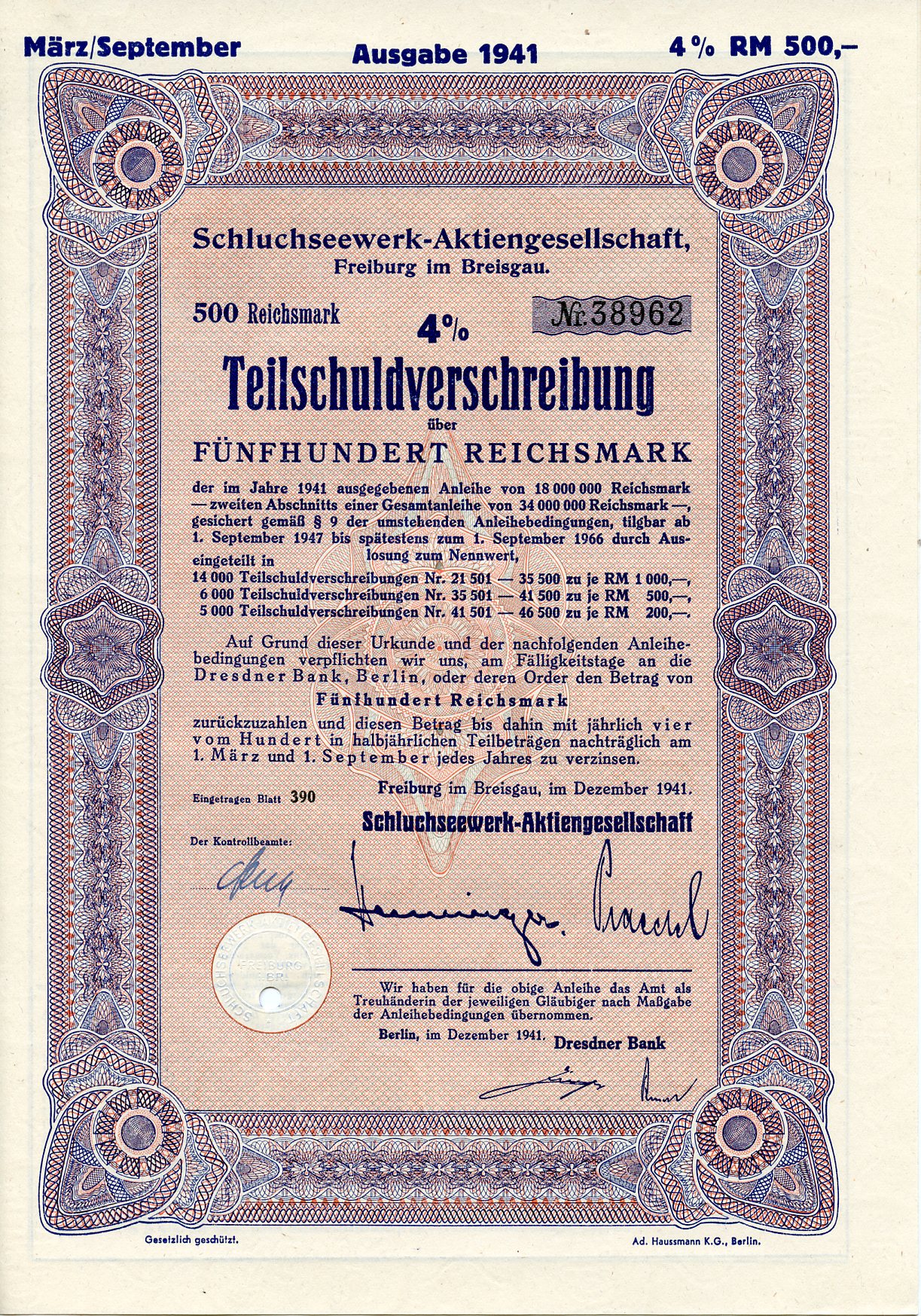 Германия 500 рейхсмарок 1941 АО Schluchseewerk (оператор 5 ГЭС), Фрайбург-им-Брайсгау, 4% -ное частичное обязательство   бумага  8804-83-1