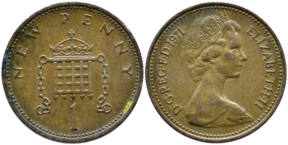 Великобритания 1 пенни 1971 Елизавета II (1952-2022) KM 915, Spink 4237 (B1) бронза 4393-253