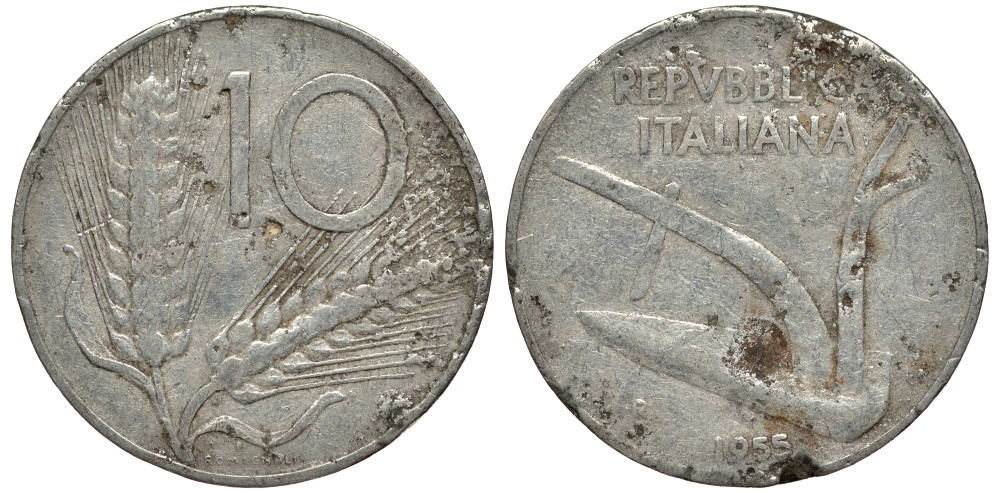 ИТАЛИЯ 10 ЛИР 1955 R, КОЛОСЬЯ, ПЛУГ KM 93 алюминий G 4182-523