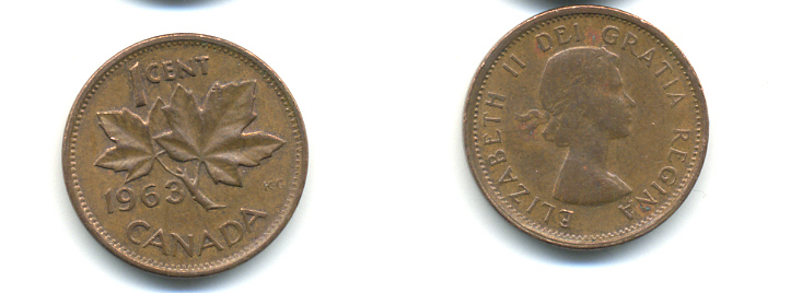 Канада 1 цент 1963 Елизавета II (1952-2022), кленовый лист KM 49 бронза 177-1325