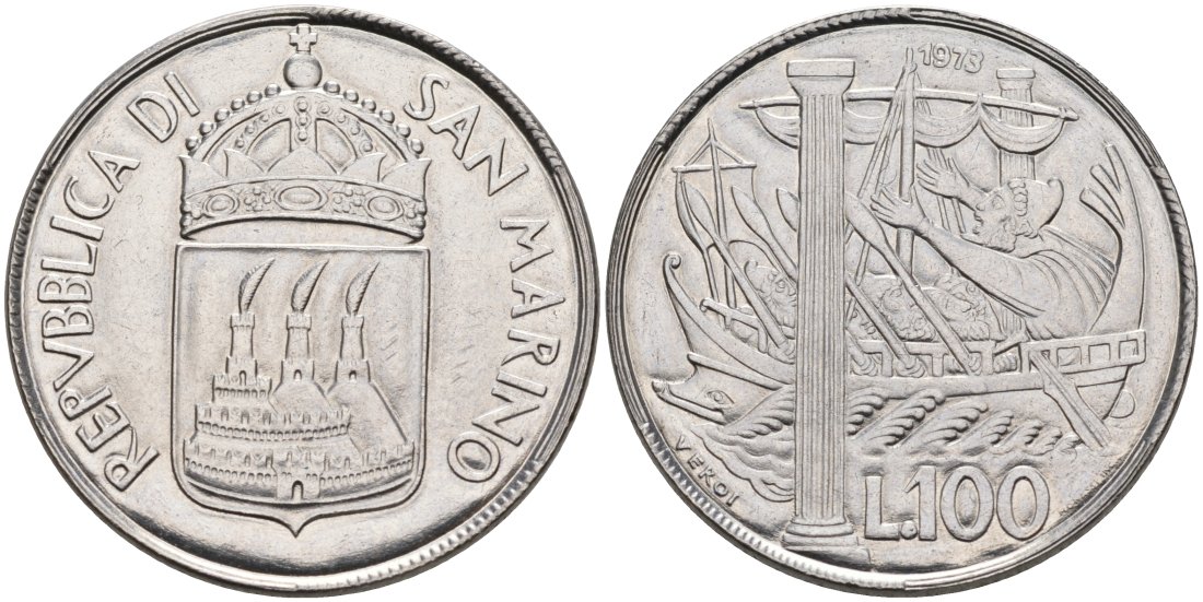 Сан-Марино 100 лир 1973 R, УЛИСС И "ГЕРКУЛЕСОВЫ СТОЛБЫ" KM 28 нержавеющая сталь UNC 00-00