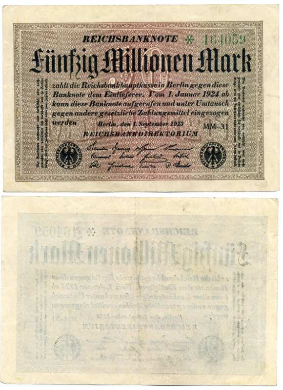 ГЕРМАНИЯ 50000000 МАРОК (50 МИЛЛИОНОВ) 1923 1 СЕНТЯБРЯ 1923, ВОДЯНОЙ ЗНАК Е, G/D В ЗВЁЗДАХ, БЕЛАЯ БУМАГА, СЕРИЯ ММ-31 ЧЁРНАЯ, НОМЕР СЕРИИ ШЕСТИЗНАЧНЫЙ, ЗЕЛЁНЫЙ Pick 109b, Rosenberg 108е бумага 8613-13-1-1