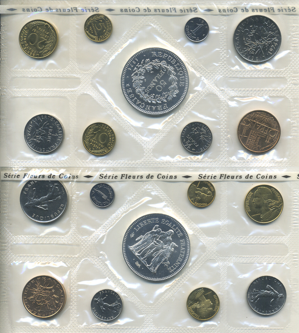 Франция набор из 9 монет 1974 в оригинальной коробке с сертификатом в запайке KM SS 11 серебро BUNC 4-3-3-23