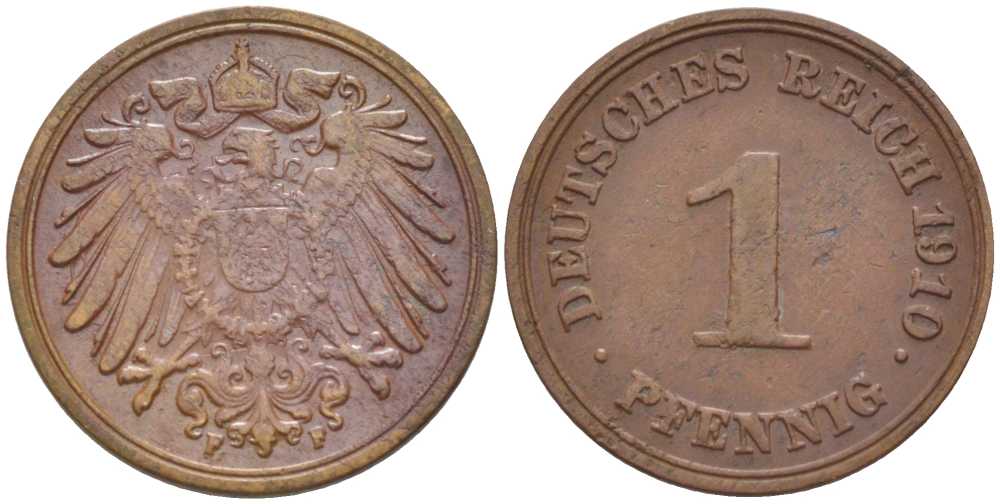 ГЕРМАНИЯ 1 ПФЕННИГ 1910 F KM 10, J. 10, Weege 2 медь 211-431