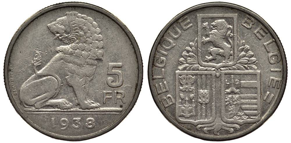 БЕЛЬГИЯ 5 ФРАНКОВ 1938 BELGIQUE-BELGIE KM 116.1 никель 27-551