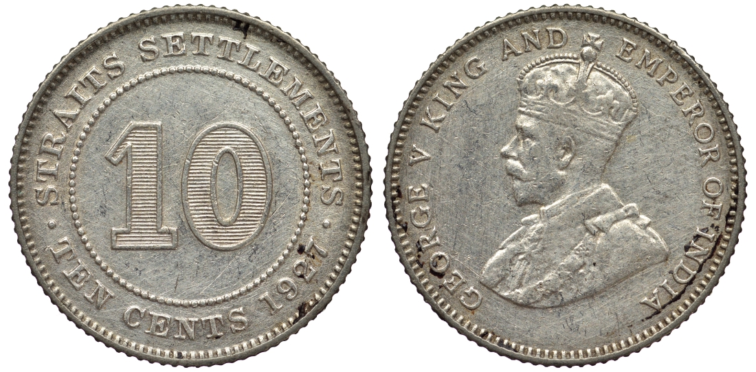 Стрейтс-Сетлментс 10 центов 1927 Георг V (1910-1936) КМ 29b серебро 53-647