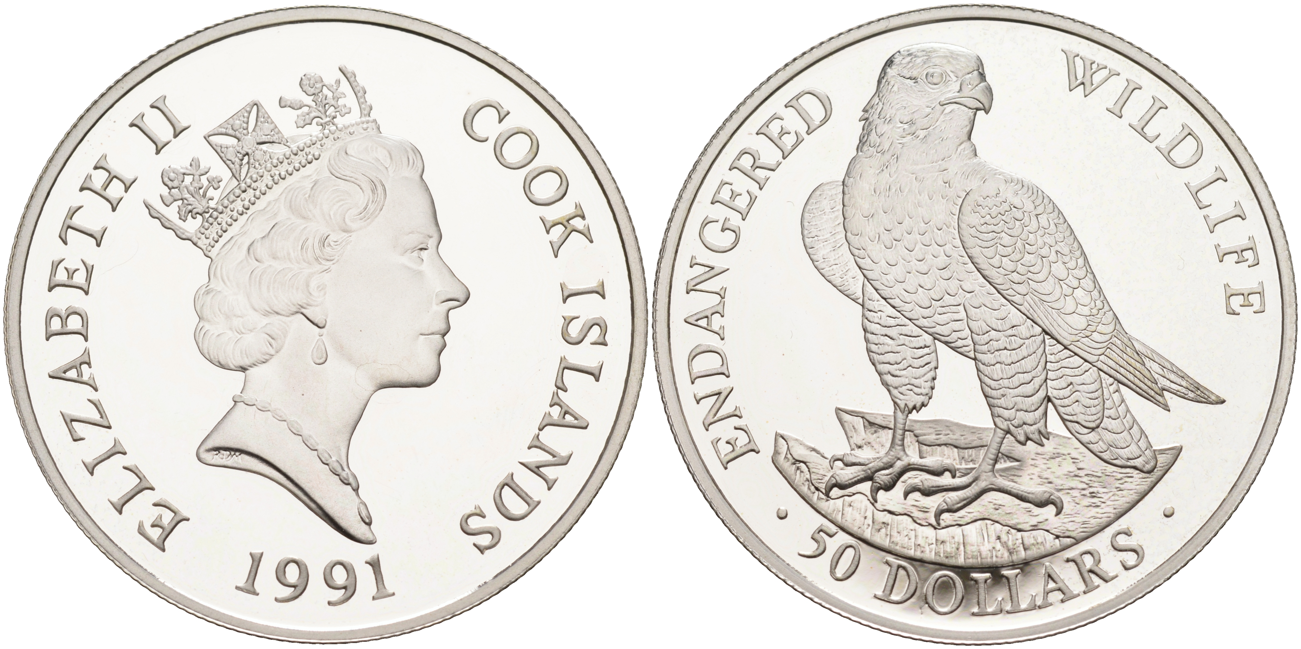 Острова Кука 50 долларов 1991 серия охрана окружающей среды, сокол KM 119 серебро  PROOF  1098-3-23