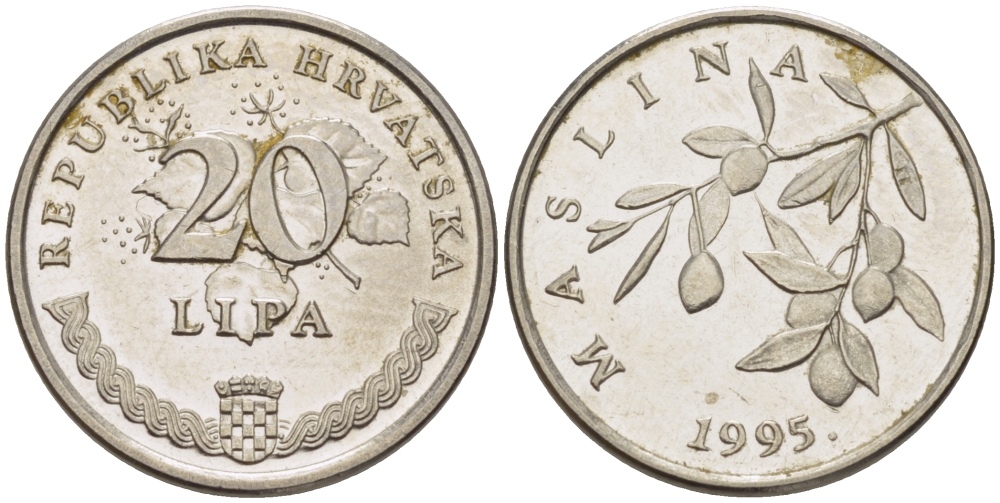 Хорватия 20 лип 1995 олива, легенда на хорватском KM 7 сталь плакированная никелем 66-536