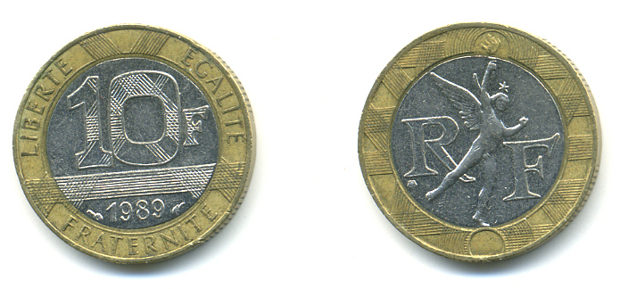 Франция 10 франков 1989 тип гений Бастилии KM 964.1, Le Franc 375.3 биметалл 176-1211