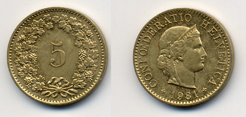 Швейцария 5 раппенов 1981 KM 26с алюминий латунь 54-731