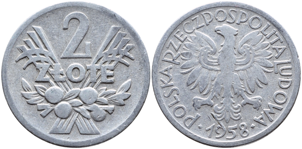 Польша 2 злотых 1958 MW KM 46, Parchimowicz 216a алюминий 4391-1214