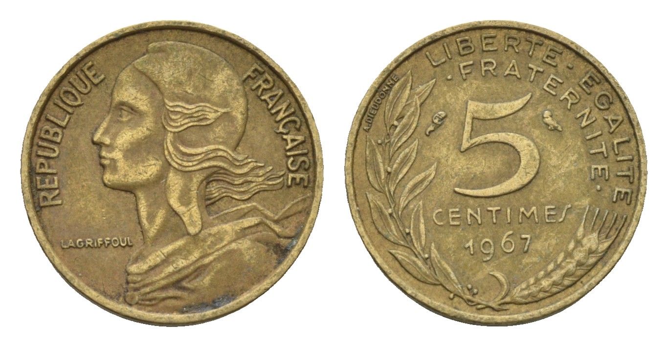Франция 5 сантимов 1967 KM 933 алюминиевая бронза 4674-552