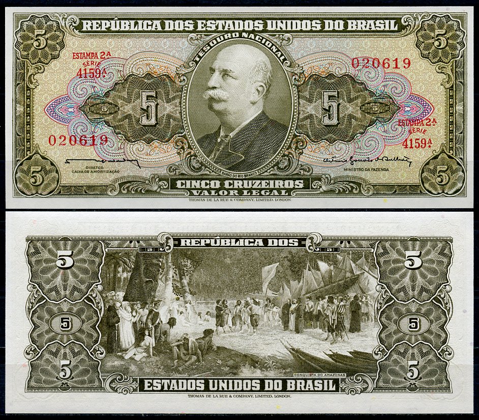 Бразилия 5 крузейро ND (1962-1964) серия 4159, Estampa 2A, Барао до Рио Бранко, подпись 13 Pick 176 c  бумага  UNC (пресс) 7200-18-2