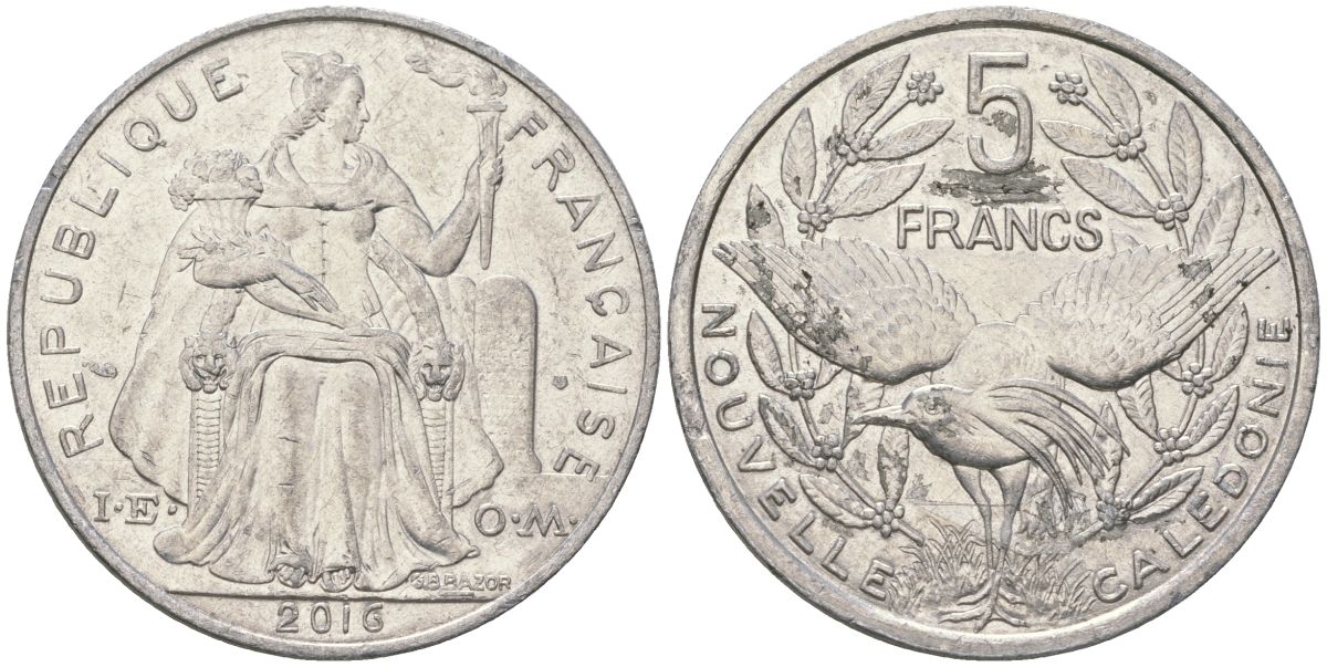 Французская Новая Каледония 5 франков 2016 птица кагу, (IEOM) KM 16, Schoen 12, Lec 81k алюминий 4117-1223