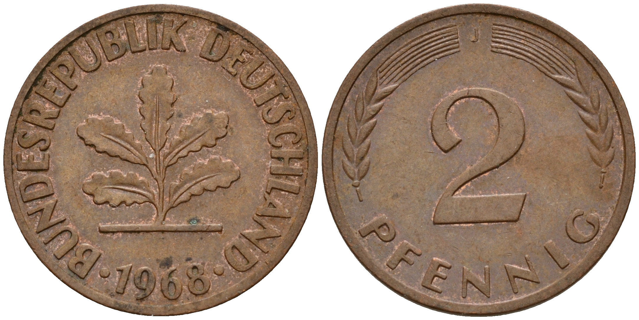 ФРГ 2 пфеннига 1968 J J.381a KM 106a сталь плакированная медью    4598-757