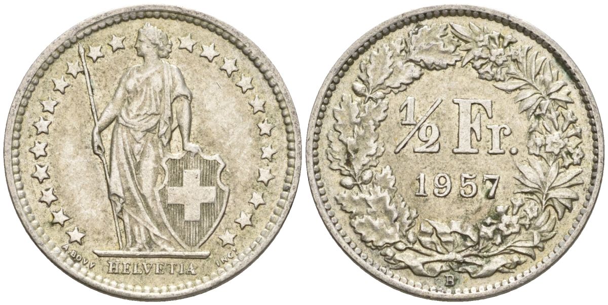 Швейцария 1/2 франка 1957 B KM 23 серебро 4608-515