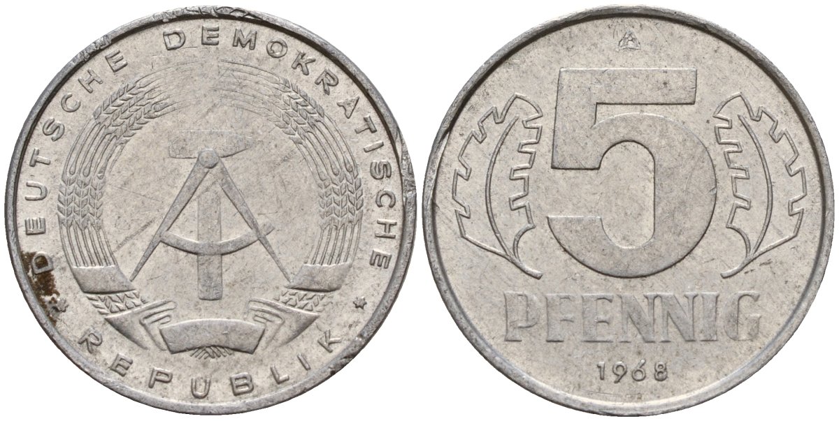 ГДР 5 пфеннигов 1968 A KM 9.1 алюминий 211-1126