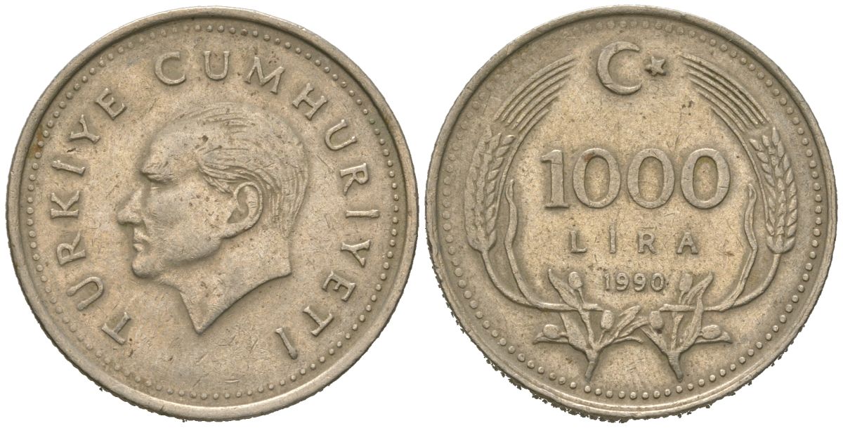 Турция 1000 лир 1990 Кемаль Ататюрк KM 997 медь цинк никель 4620-613