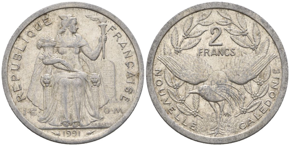 Французская Новая Каледония 2 франка 1991 птица кагу, (IEOM) KM 14, Schoen 11, Lec 67 алюминий    27-1254