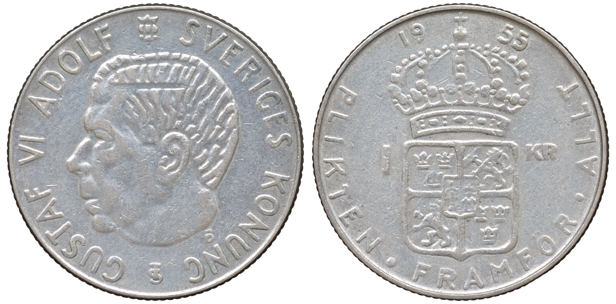 Швеция 1 крона 1955 TS, Густав VI Адольф (1950-1973) KM 826 серебро 4178-734