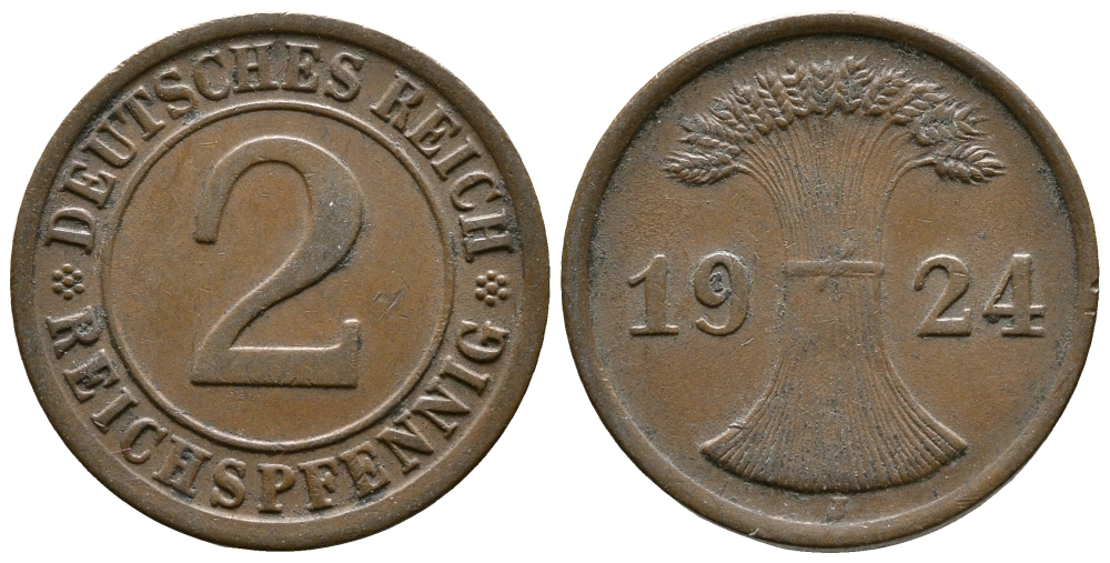 ГЕРМАНИЯ 2 РЕЙХСПФЕННИГА 1924 J KM 38, J. 314 бронза 176-221