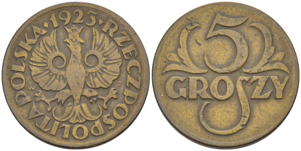 ПОЛЬША 5 ГРОШЕЙ 1923 KM 10 латунь 112-1155