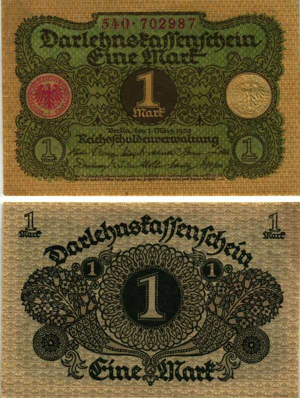 ГЕРМАНИЯ 1 МАРКА 1920 1 МАРТА 1920, ВЕЙМАРСКАЯ РЕСПУБЛИКА Pick 58 бумага 7219-14-1-2