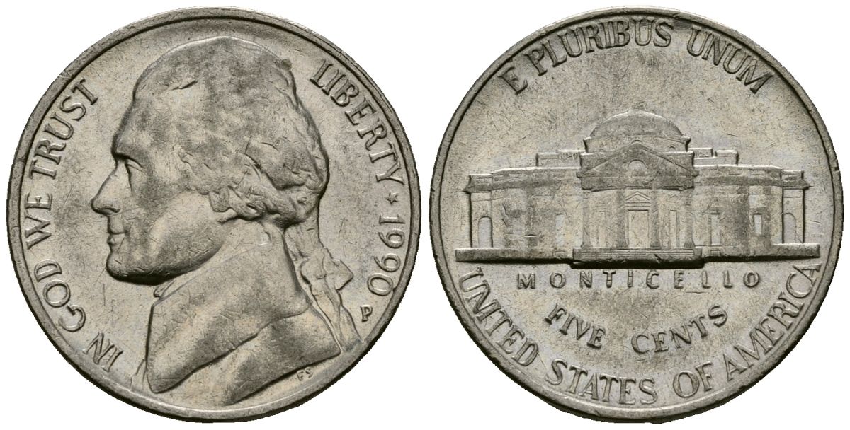 США 5 центов 1990 Джефферсон KM A192 медно-никель 4135-454