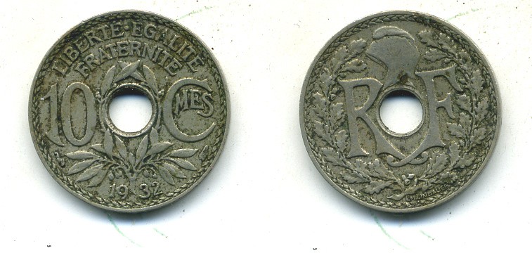 ФРАНЦИЯ 10 САНТИМОВ 1932 ТИП ЛИНДАЙЁ KM 866а медно-никель 84-335