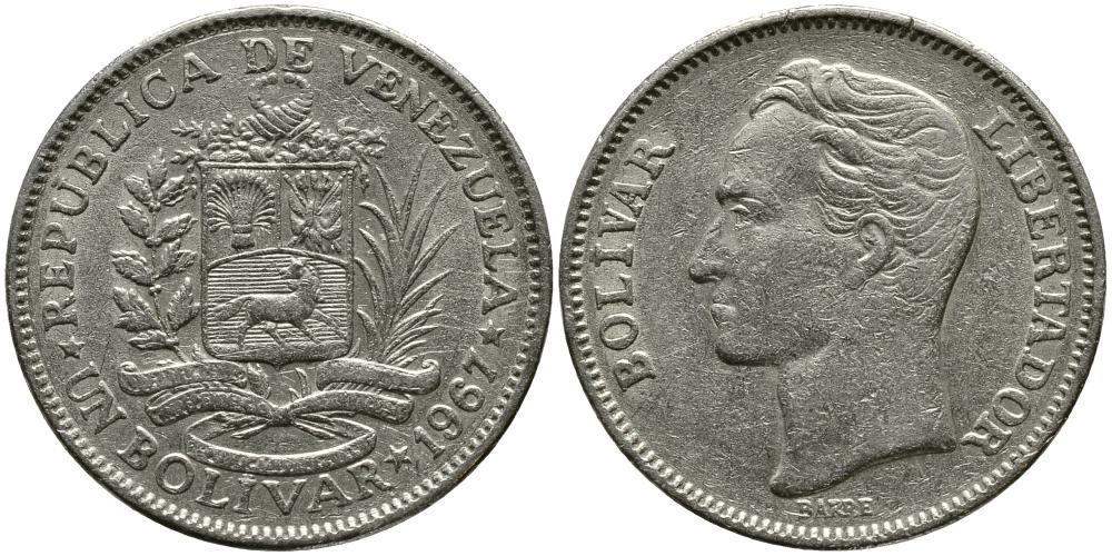 Венесуэла 1 боливар 1967 Симон Боливар KM 42 никель 3336-254