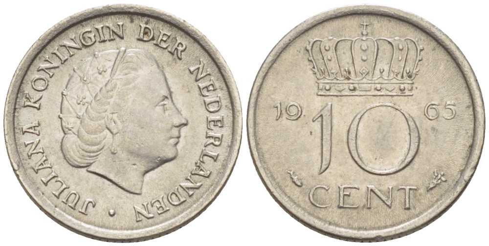 Нидерланды 10 центов 1965 Юлиана (1949-1980) KM 182 никель 214-1218