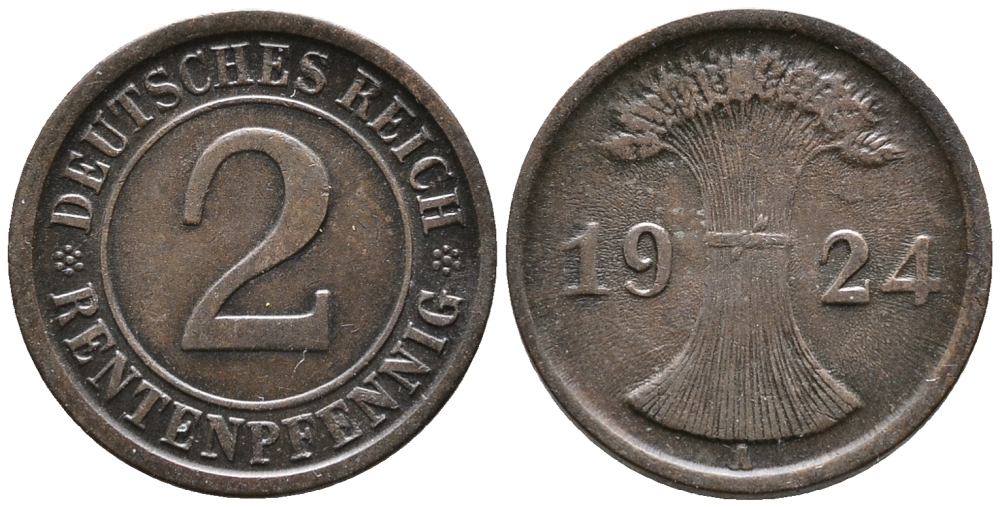 ГЕРМАНИЯ 2 РЕНТЕНПФЕННИГА 1924 A KM 31, J. 307 бронза 24-621