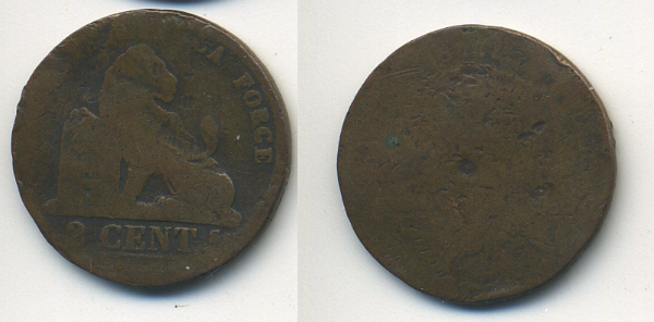 БЕЛЬГИЯ 2 САНТИМА 1849 KM 4.2 медь 35-1455