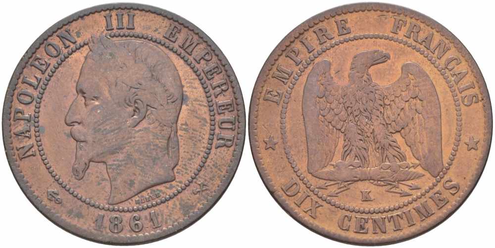 Франция 10 сантимов 1861 K, Наполеон III (1852-1870) KM 798.3, Le Franc 134.4 бронза    4680-646