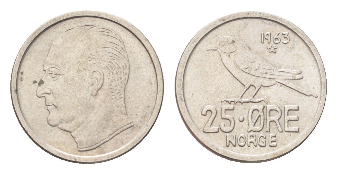 Норвегия 25 эре 1963 Улаф V (1957-1991) KM 407 медно-никель UNC 4705-846