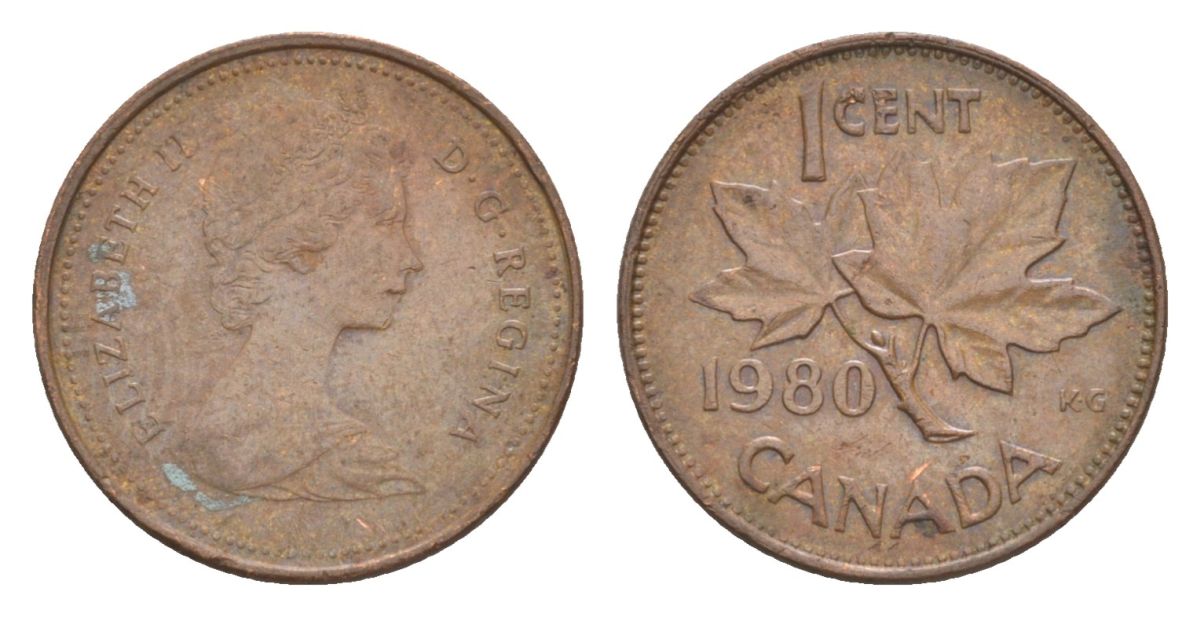 Канада 1 цент 1980 Елизавета II (1952-2022), кленовый лист KM 127 бронза 4630-559