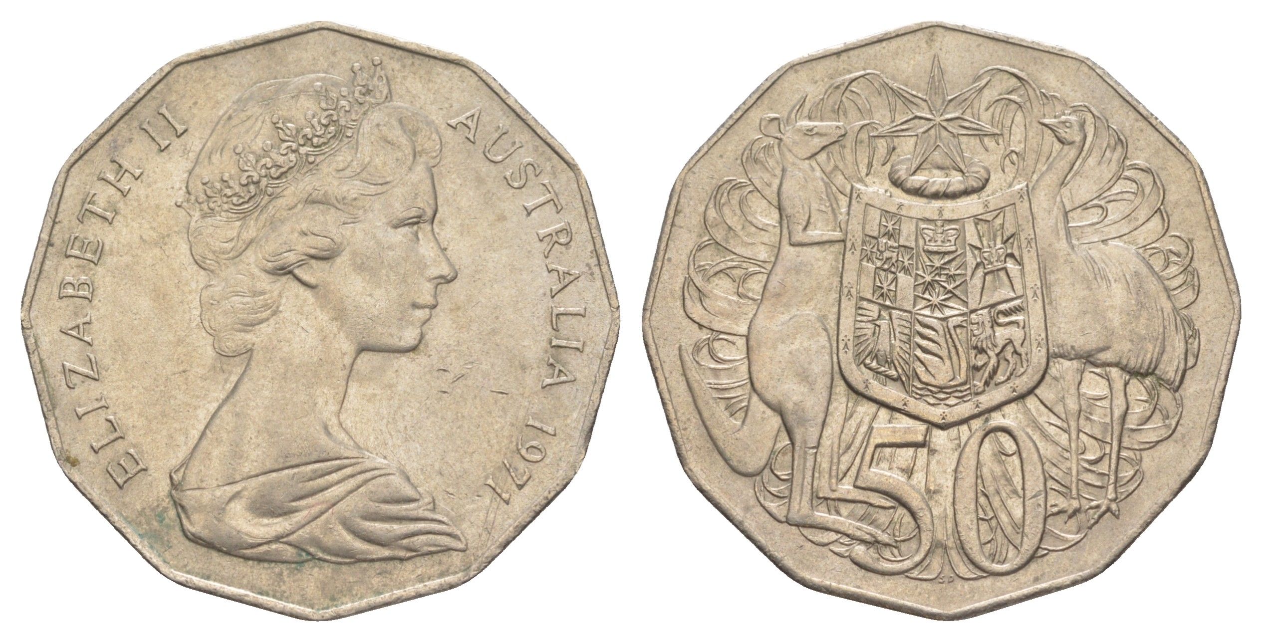 Австралия 50 центов 1971 Елизавета II (1952-2022), герб Австралии, кенгуру KM 68 медно-никель 4381-1022