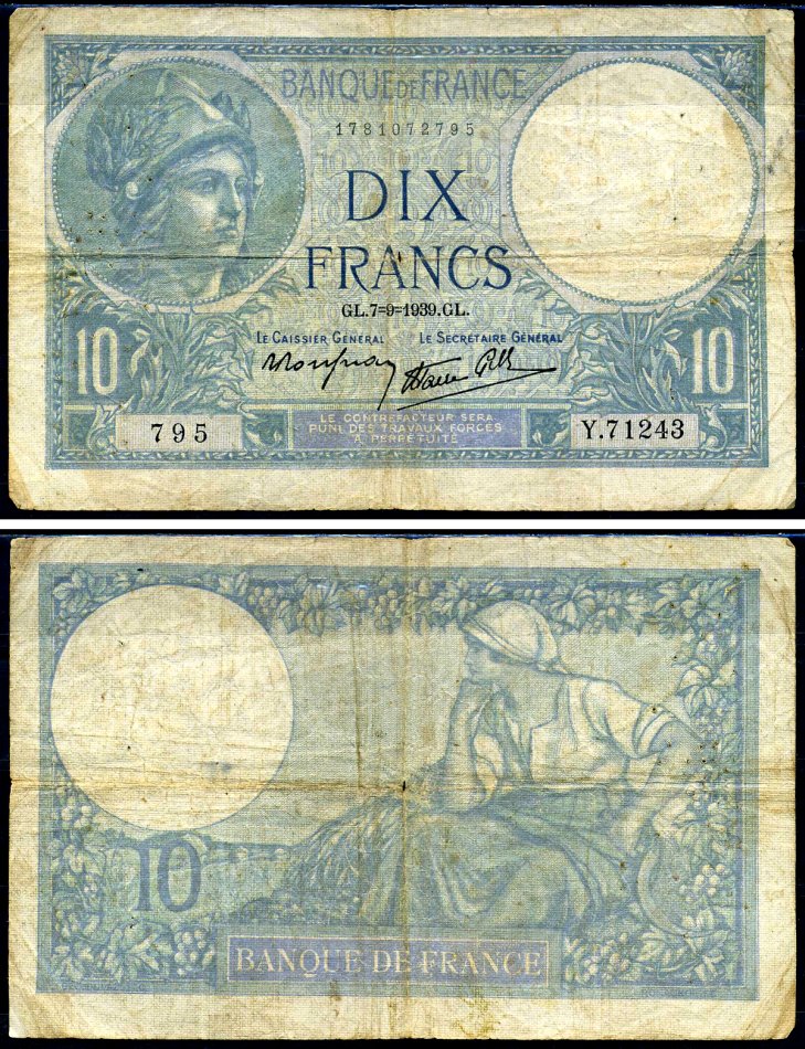 Франция 10 франков 1939 Pick 84 бумага 7219-31-2-2