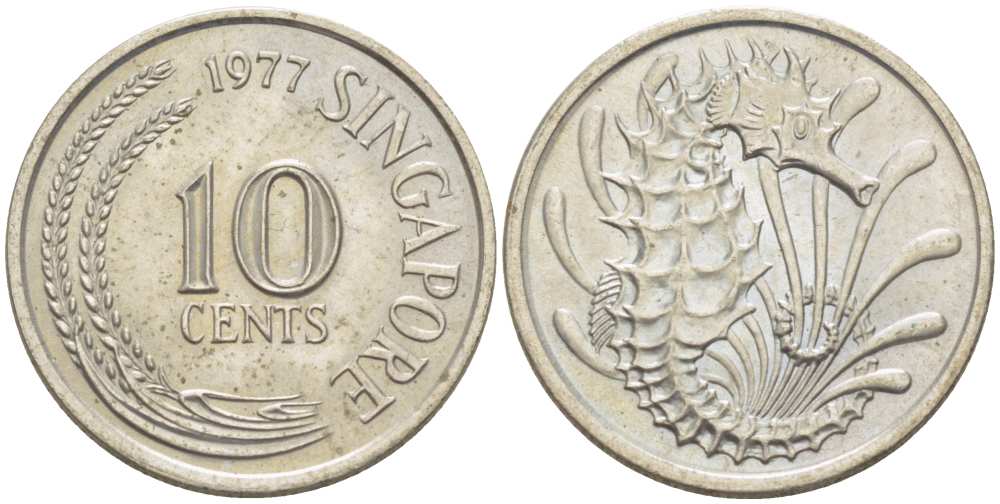 СИНГАПУР 10 ЦЕНТОВ 1977 МОРСКОЙ КОНЁК KM 3 медно-никель 217-1225