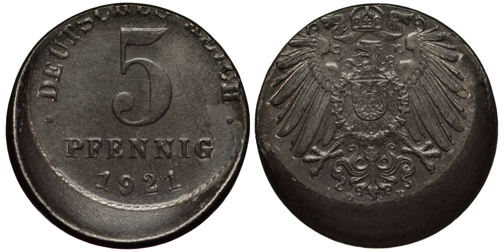 ГЕРМАНИЯ 5 ПФЕННИГОВ 1921 БРАК ЧЕКАНКИ СДВИГ ШТЕМПЕЛЯ KM 19 железо 413-5144