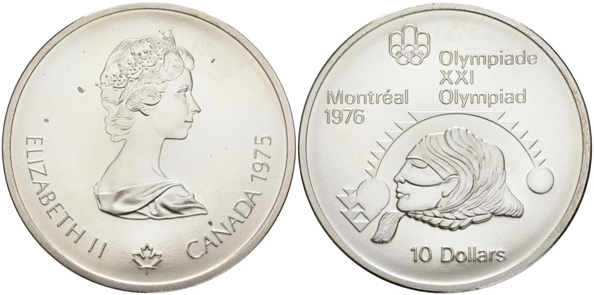 Канада 10 долларов 1975 XXI летние Олимпийские игры в Монреале 1976 года, женское толкание ядра KM 103 серебро UNC 02-252-32