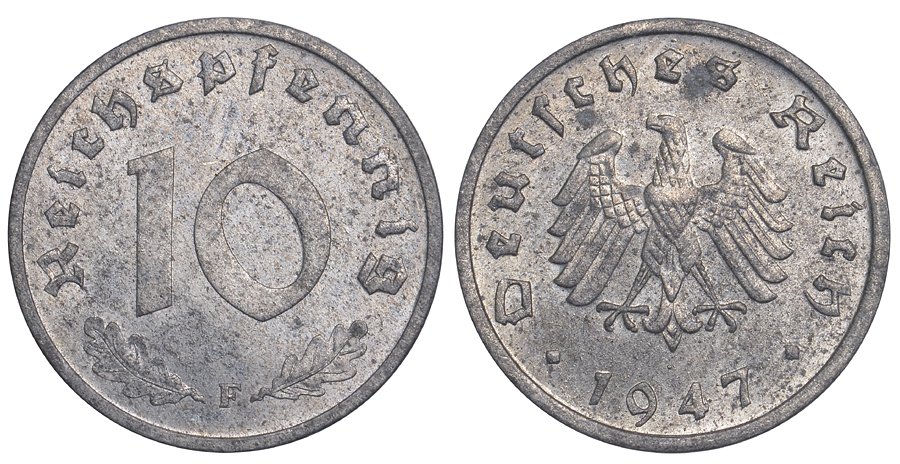 Германия 10 рейхспфеннигов 1947 F, оккупация Германии союзными войсками J. 375, KM A104 цинк aUNC 11-264-62