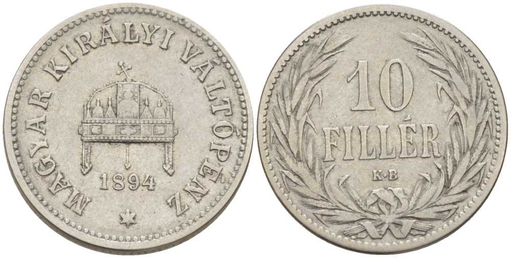 Венгрия 10 филлеров 1894 KB, Франц Иосиф I (1848-1916) KM 482 никель 201-229