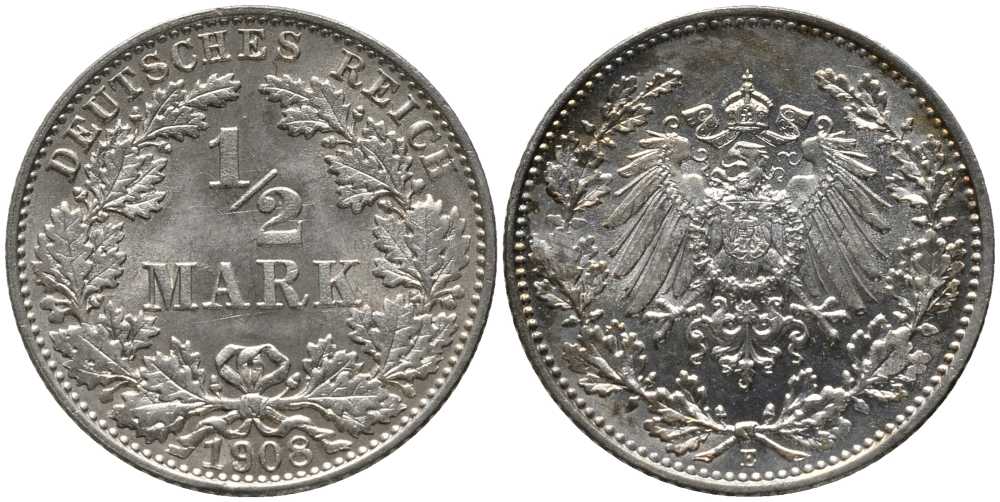 ГЕРМАНИЯ 1/2 МАРКИ 1908 E KM 17, J. 16, Weege 16 серебро 4448-737