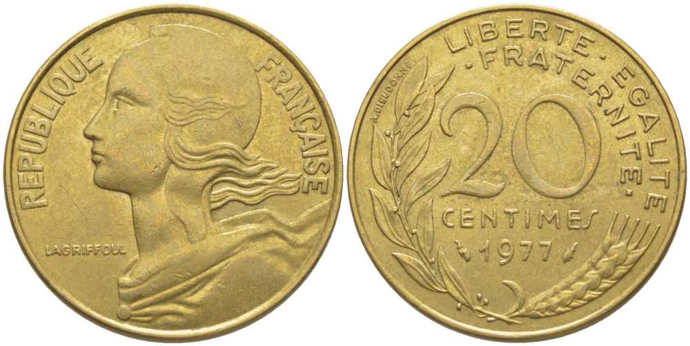 ФРАНЦИЯ 20 САНТИМОВ 1977 ТИП MARIANNE KM 930, LE FRANC 156.17 алюминиевая бронза 175-845