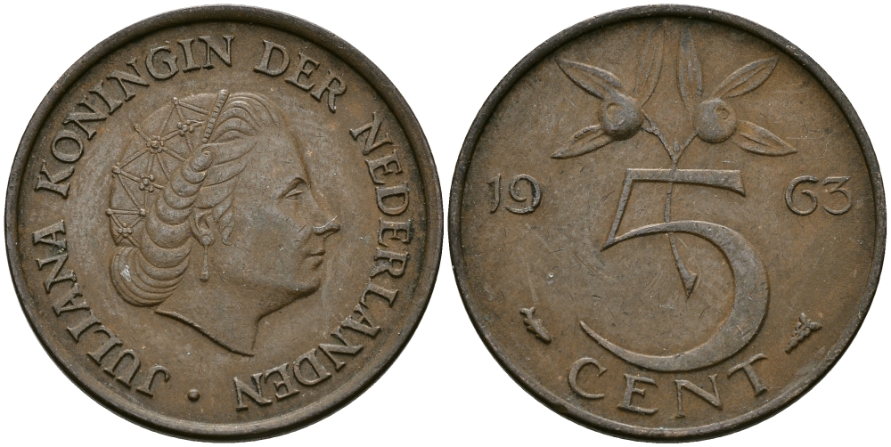 НИДЕРЛАНДЫ 5 ЦЕНТОВ 1963 ЮЛИАНА KM 181 бронза 95-355