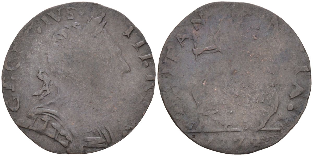 Великобритания 1 фартинг 1773 Георг III (1760-1820), подделка в ущерб обращения, вес 1,12 гр. медь 4126-654