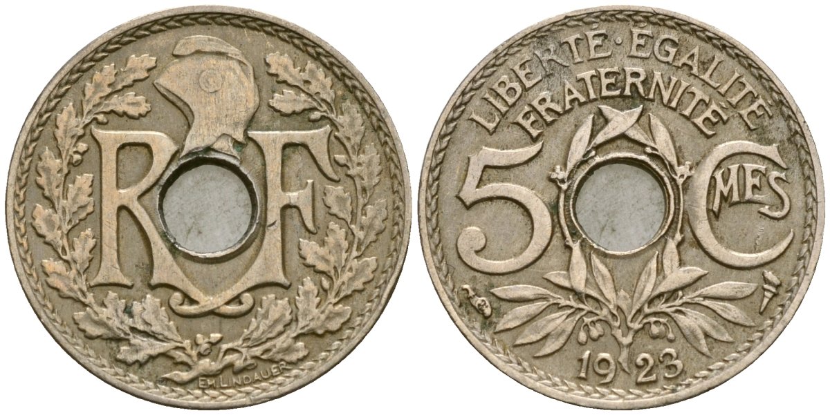 Франция 5 сантимов 1923 KM 875 медно-никель 4164-465